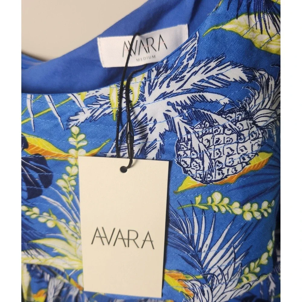 NEW Avara One Shoulder Maxi Dress Women's M Blue Tropical Pineapple Ruffle Trim - Picture 3 of 10
